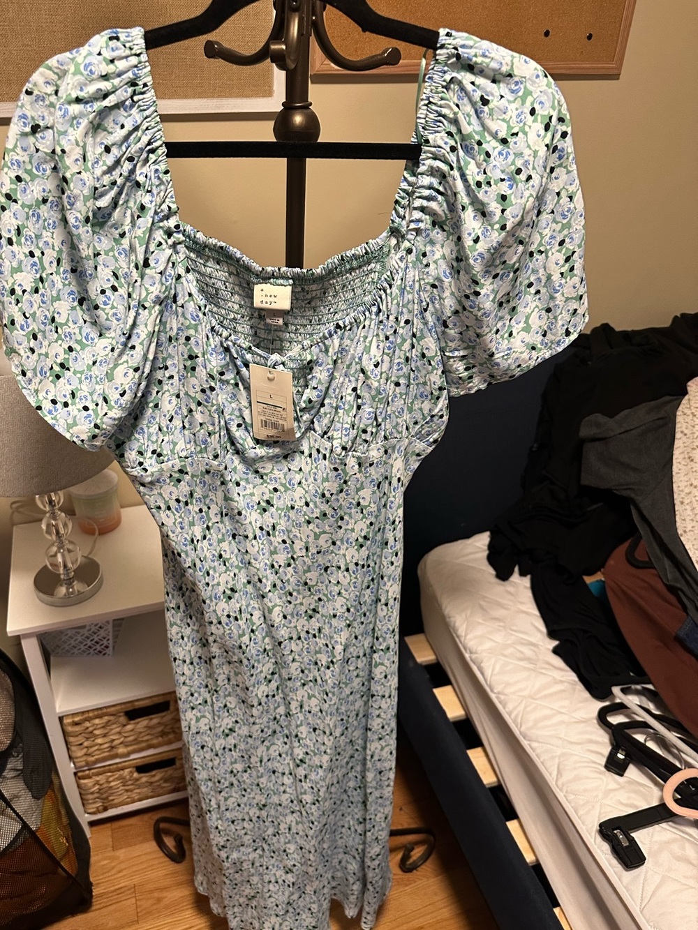Blue Floral Midi Sundress Short Sleeve with Front Tie